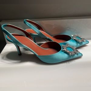 Amina Muaddi Light Blue Satin Begum Slingback Pumps Size 39